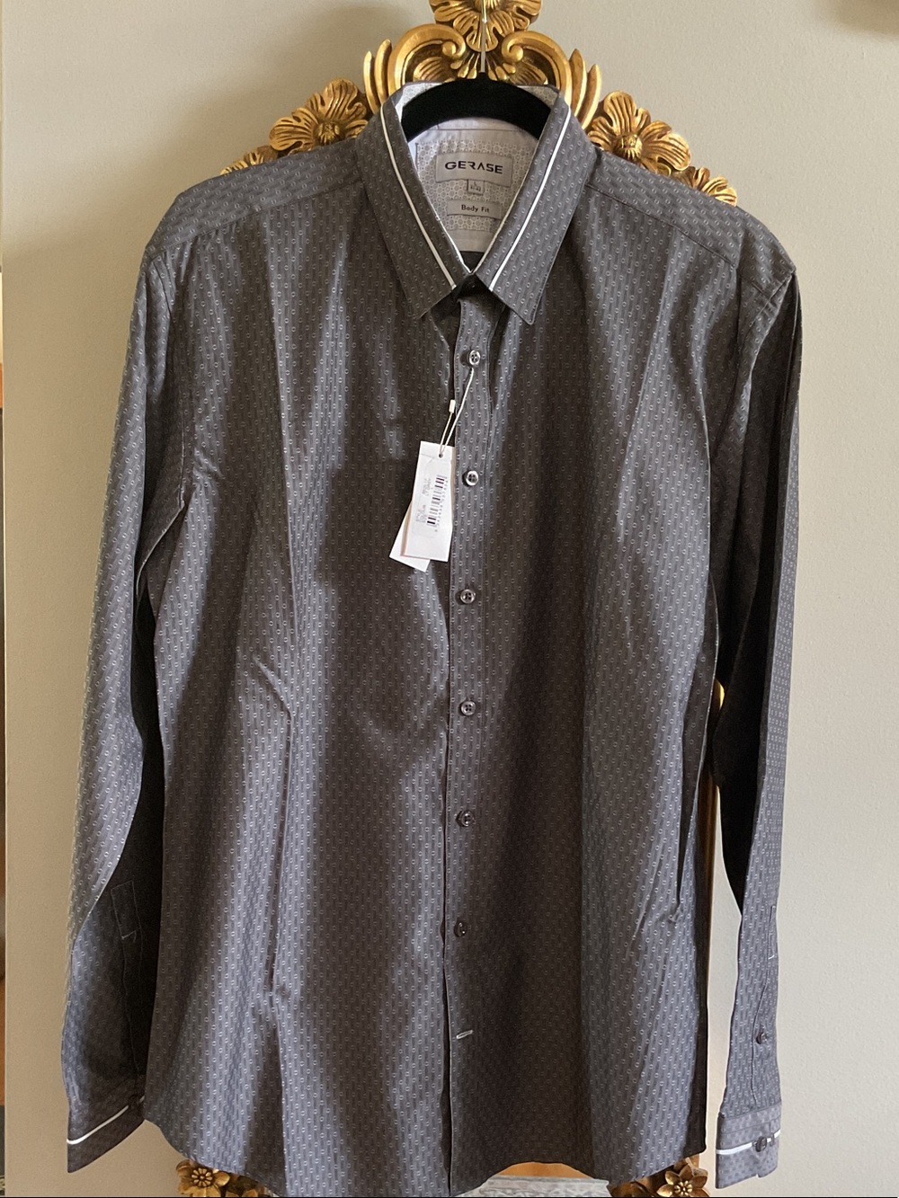 Men's Long-Sleeve Dark Gray Patterned Dress Luxury Shirt